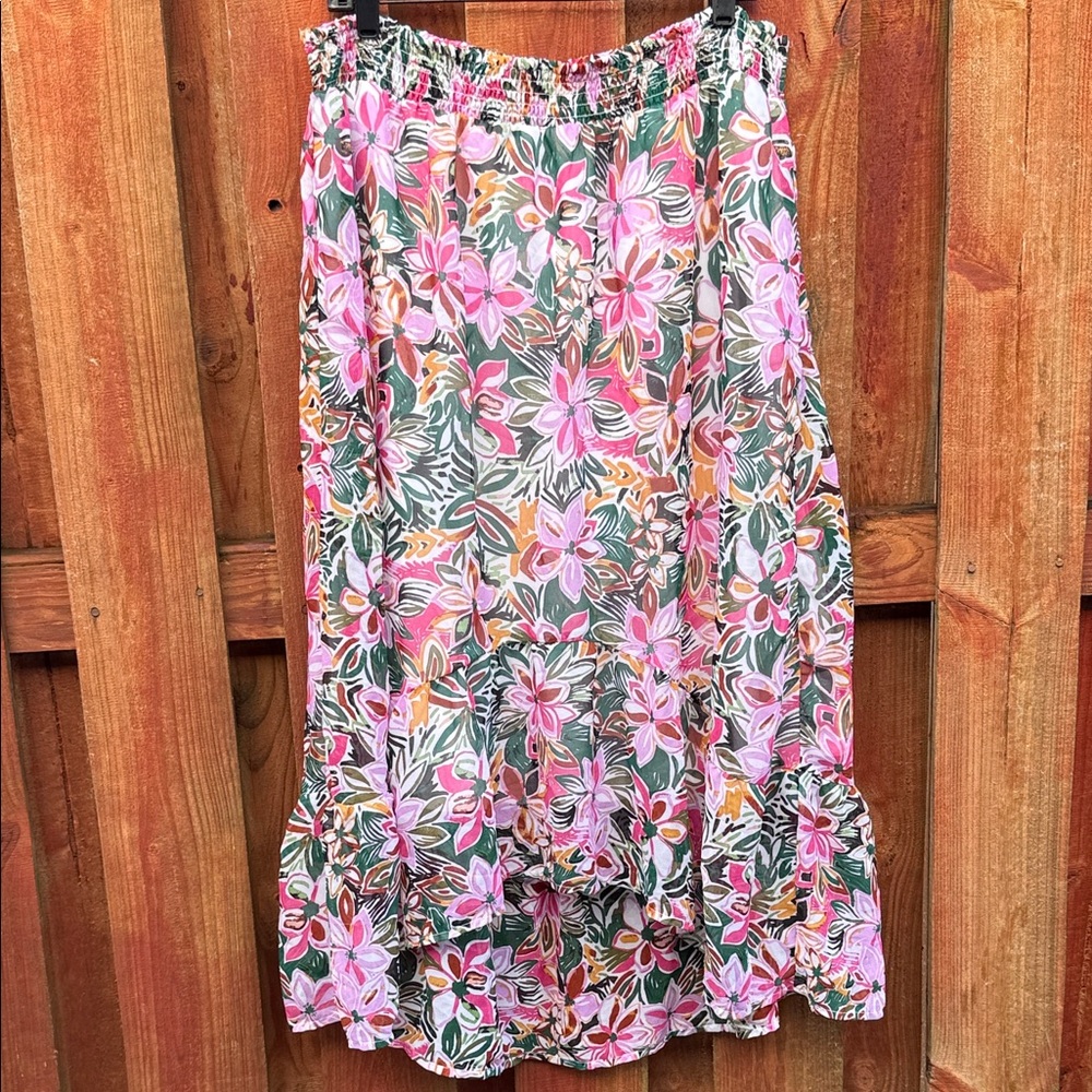 Marissa Olivia Pink Floral Tiered Maxi Skirt with Green Leaf Print Size XL